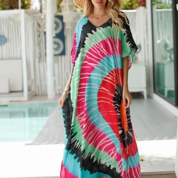 Plus Size Floral Kaftan Dress - Bohemian Beach Cover Up, One Size Plus Size Floral Kaftan Dress - Bohemian Beach Cover Up, One Size