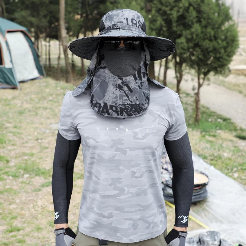 UV Sun Hat with Neck Flap and Face Coverage for Hiking Fishing Gardening Adjustable UV sun hat with neck flap and face coverage worn by a person hiking