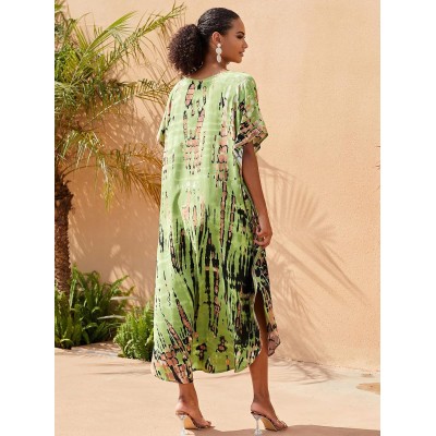 Women's Plus Size Fruit Green Bohemian Floral Kaftan Swim Cover Up Dress