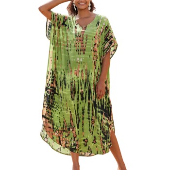 Women’s Plus Size Kaftan Dress: Maxi Swim Cover Up, Fruit Green Bohemian Floral for Resort Vacation