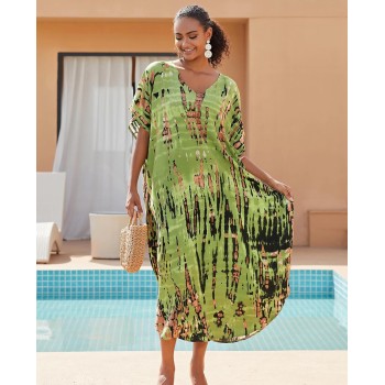 Women’s Plus Size Kaftan Dress: Maxi Swim Cover Up, Fruit Green Bohemian Floral for Resort Vacation