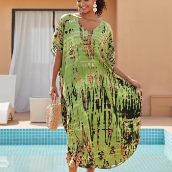 Women’s Plus Size Kaftan Dress: Maxi Swim Cover Up, Fruit Green Bohemian Floral for Resort Vacation