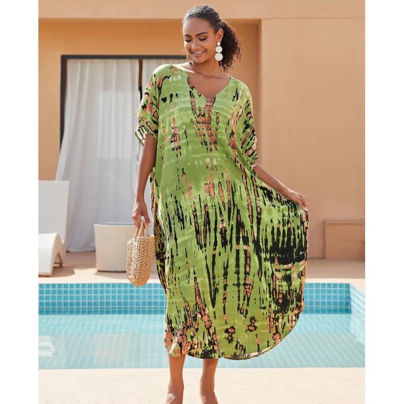 Women's Plus Size Fruit Green Bohemian Floral Kaftan Swim Cover Up Dress