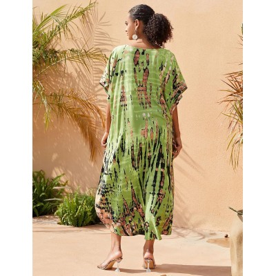Women's Plus Size Fruit Green Bohemian Floral Kaftan Swim Cover Up Dress