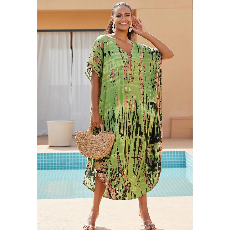 Women's Plus Size Fruit Green Bohemian Floral Kaftan Swim Cover Up Dress
