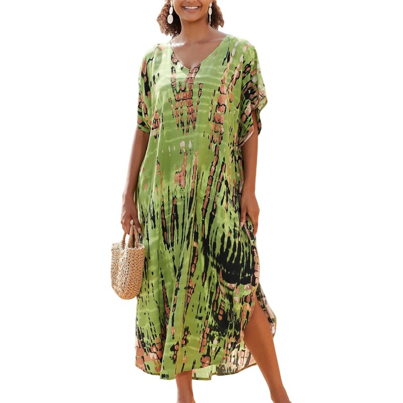 Women's Plus Size Fruit Green Bohemian Floral Kaftan Swim Cover Up Dress