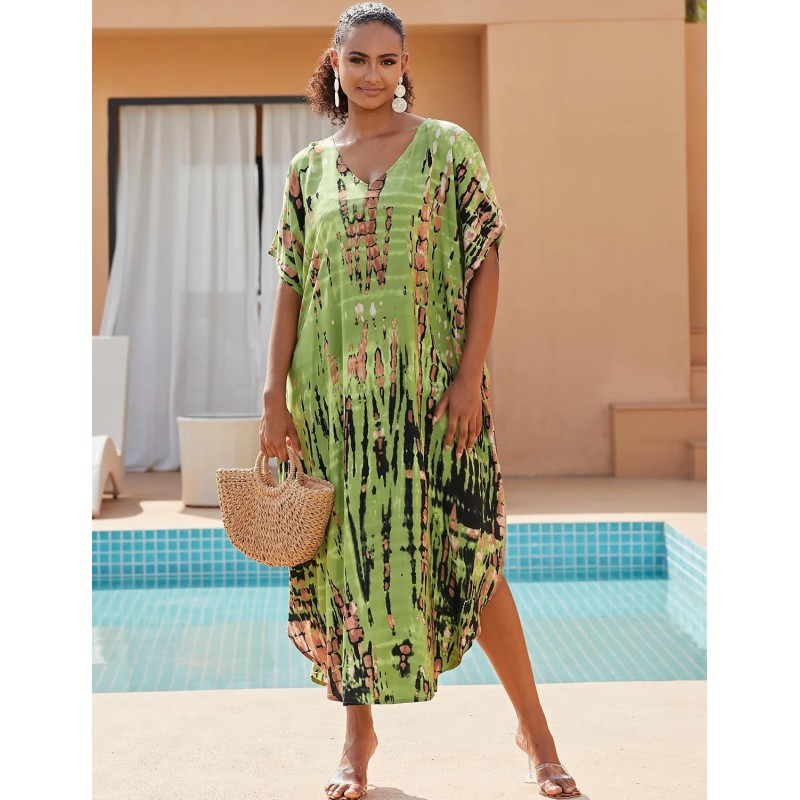 Women's Plus Size Fruit Green Bohemian Floral Kaftan Swim Cover Up Dress