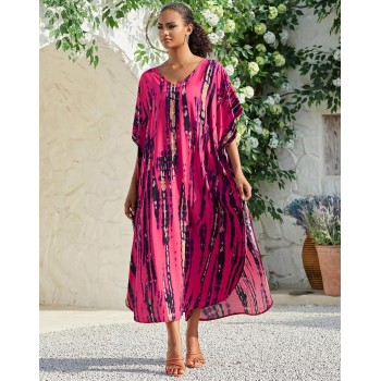 Rose Red Bohemian Floral Batwing Sleeve Kaftan Maxi Cover Up Plus Size Swimwear Resort Loungewear