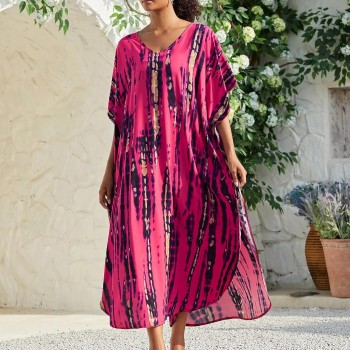 Rose Red Bohemian Floral Batwing Sleeve Kaftan Maxi Cover Up Plus Size Swimwear Resort Loungewear