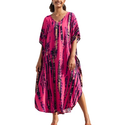 Rose Red Bohemian Floral Batwing Sleeve Kaftan Cover Up Rose Red Bohemian Floral Batwing Sleeve Kaftan Maxi Cover Up