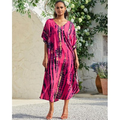 Rose Red Bohemian Floral Batwing Sleeve Kaftan Cover Up Rose Red Bohemian Floral Batwing Sleeve Kaftan Maxi Cover Up