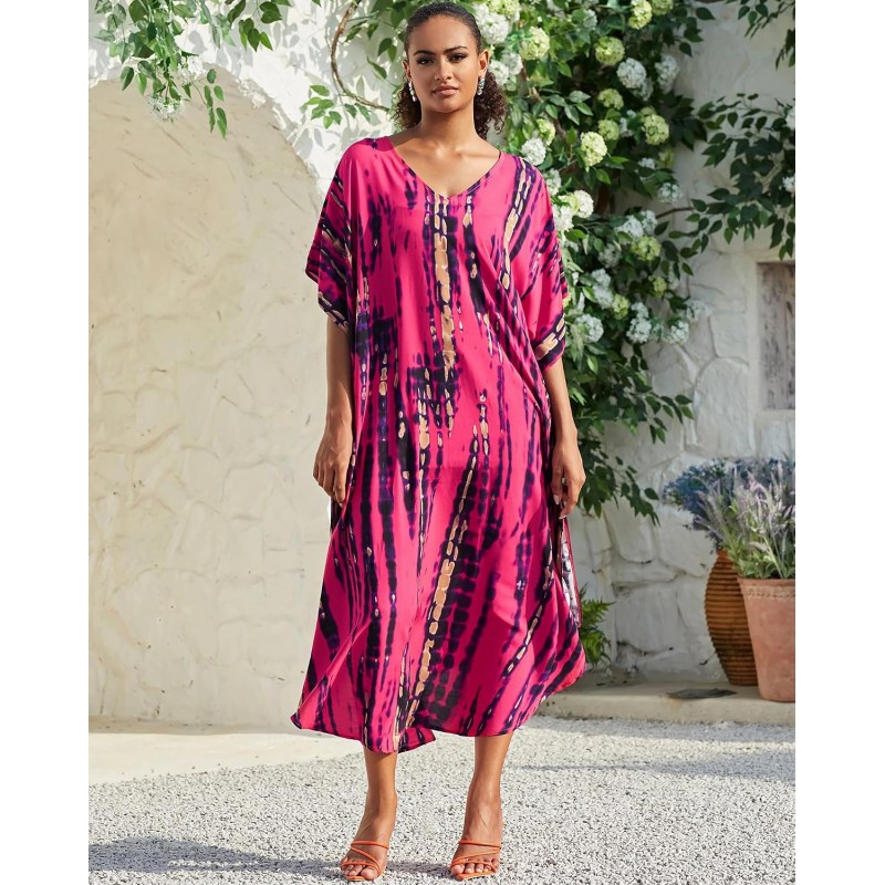 Rose Red Bohemian Floral Batwing Sleeve Kaftan Cover Up Rose Red Bohemian Floral Batwing Sleeve Kaftan Maxi Cover Up