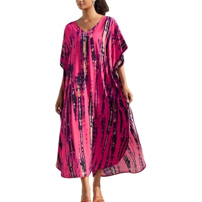 Rose Red Bohemian Floral Batwing Sleeve Kaftan Cover Up Rose Red Bohemian Floral Batwing Sleeve Kaftan Maxi Cover Up