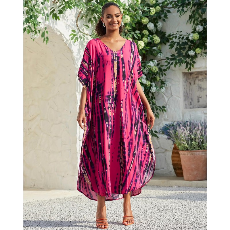 Rose Red Bohemian Floral Batwing Sleeve Kaftan Cover Up Rose Red Bohemian Floral Batwing Sleeve Kaftan Maxi Cover Up