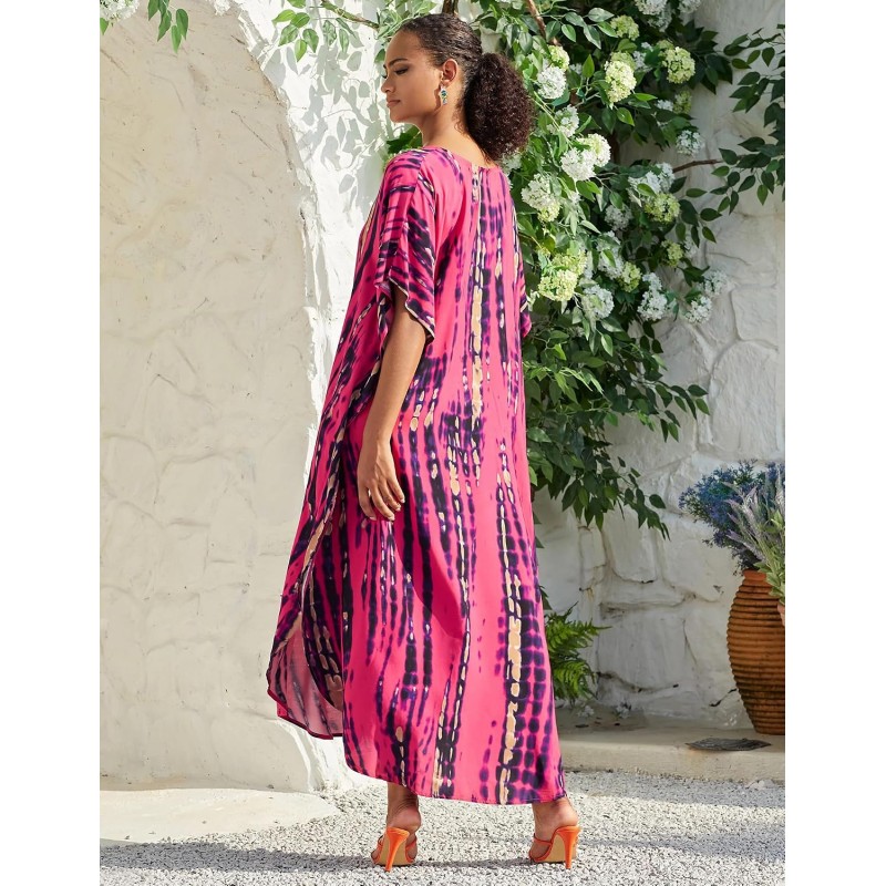 Rose Red Bohemian Floral Batwing Sleeve Kaftan Cover Up Rose Red Bohemian Floral Batwing Sleeve Kaftan Maxi Cover Up