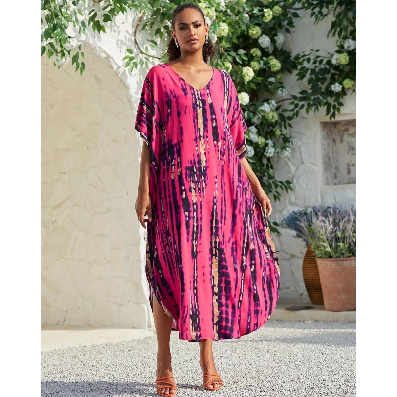 Rose Red Bohemian Floral Batwing Sleeve Kaftan Cover Up Rose Red Bohemian Floral Batwing Sleeve Kaftan Maxi Cover Up