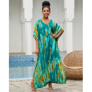Plus Size Bohemian Feather Print Batwing Kaftan Maxi Dress - Swim Cover Up Loungewear for Resort (Fits S-XXL)