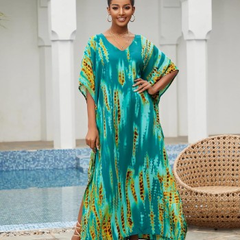 Plus Size Bohemian Feather Print Batwing Kaftan Maxi Dress - Swim Cover Up Loungewear for Resort (Fits S-XXL)