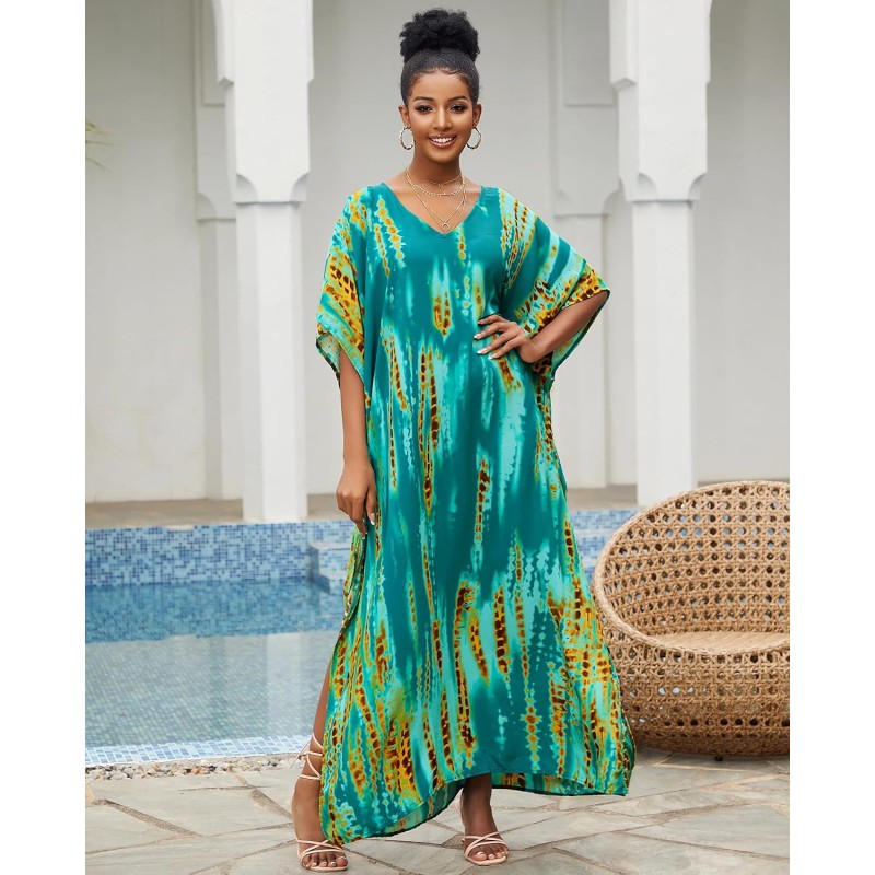 Plus Size Bohemian Feather Print Batwing Kaftan Maxi Dress