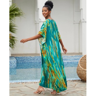Plus Size Bohemian Feather Print Batwing Kaftan Maxi Dress