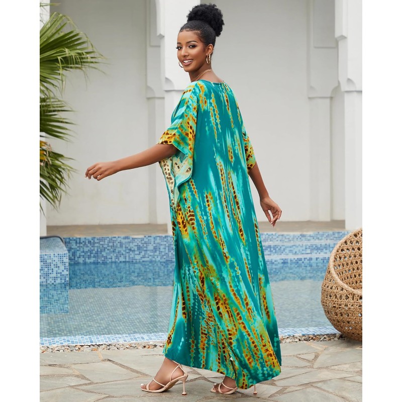 Plus Size Bohemian Feather Print Batwing Kaftan Maxi Dress