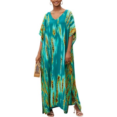 Plus Size Bohemian Feather Print Batwing Kaftan Maxi Dress