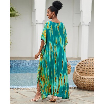 Plus Size Bohemian Feather Print Batwing Kaftan Maxi Dress