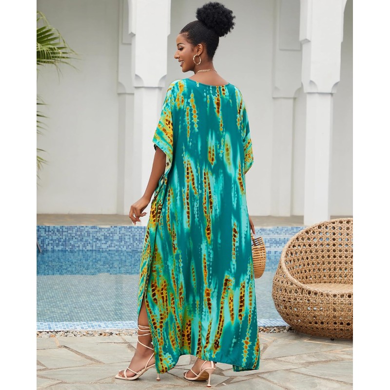 Plus Size Bohemian Feather Print Batwing Kaftan Maxi Dress