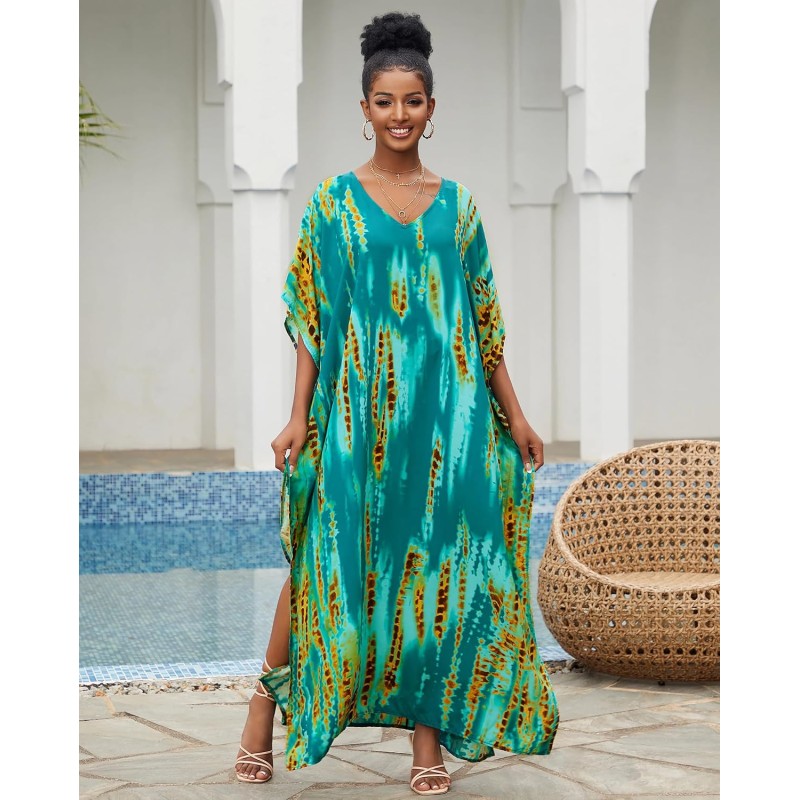 Plus Size Bohemian Feather Print Batwing Kaftan Maxi Dress