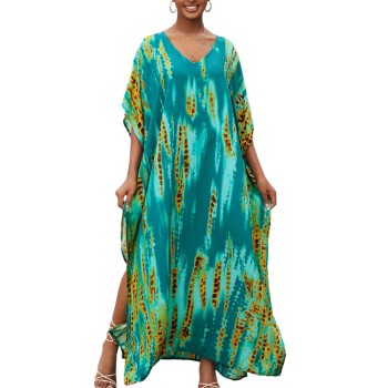 Plus Size Bohemian Feather Print Batwing Kaftan Maxi Dress - Swim Cover Up Loungewear for Resort (Fits S-XXL)
