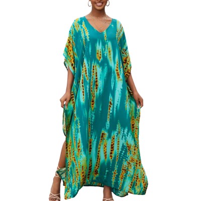 Plus Size Bohemian Feather Print Batwing Kaftan Maxi Dress