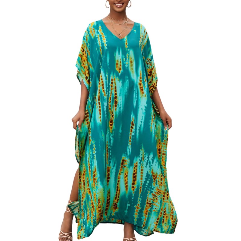 Plus Size Bohemian Feather Print Batwing Kaftan Maxi Dress