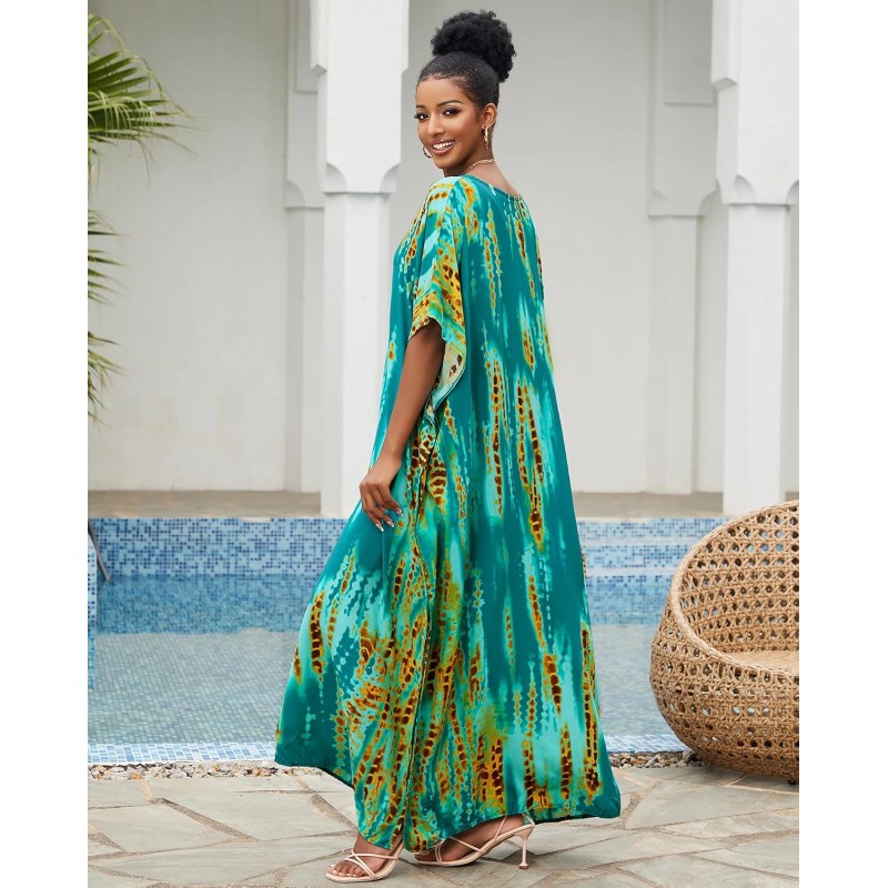Plus Size Bohemian Feather Print Batwing Kaftan Maxi Dress