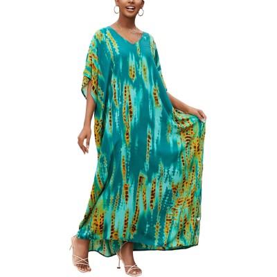 Plus Size Bohemian Feather Print Batwing Kaftan Maxi Dress