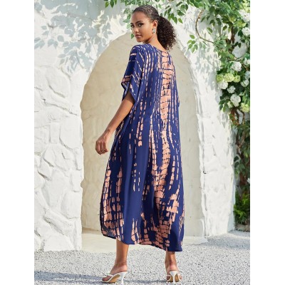 Plus Size Bohemian Floral Kaftan Maxi Cover Up in Navy Khaki