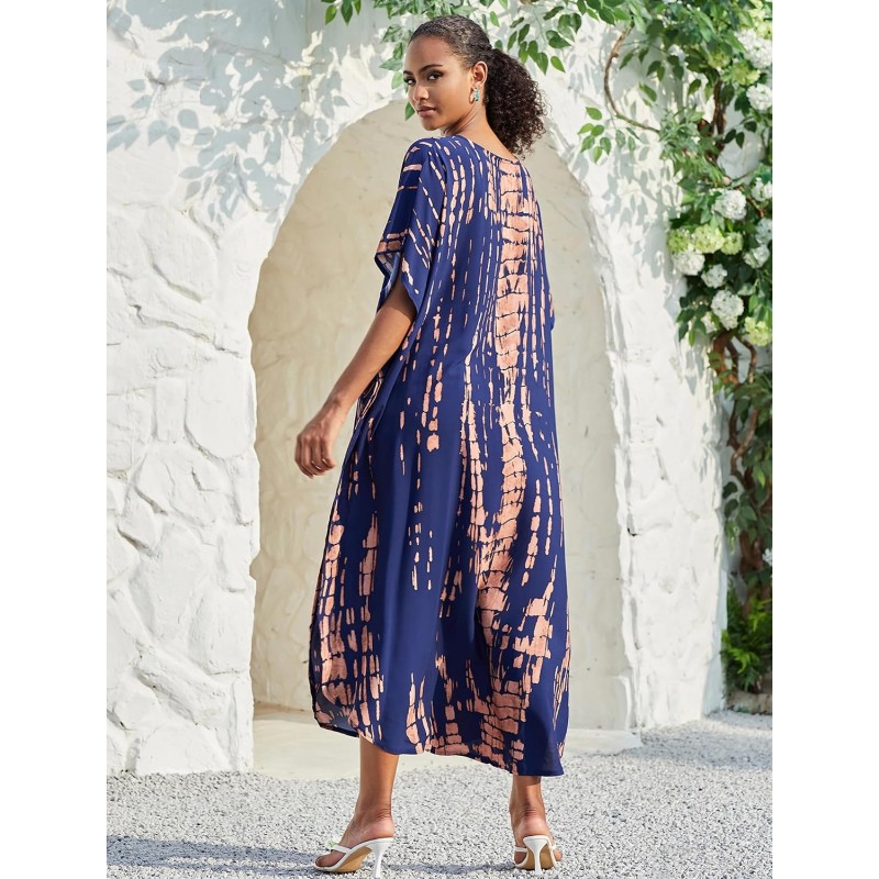 Plus Size Bohemian Floral Kaftan Maxi Cover Up in Navy Khaki