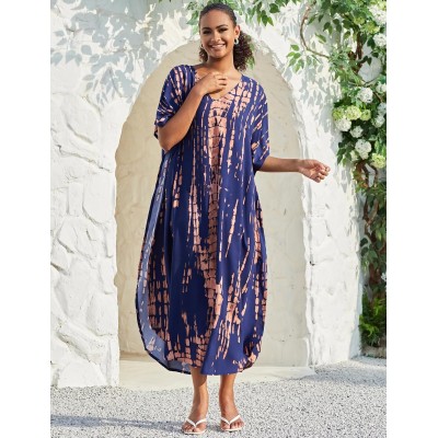 Plus Size Bohemian Floral Kaftan Maxi Cover Up in Navy Khaki