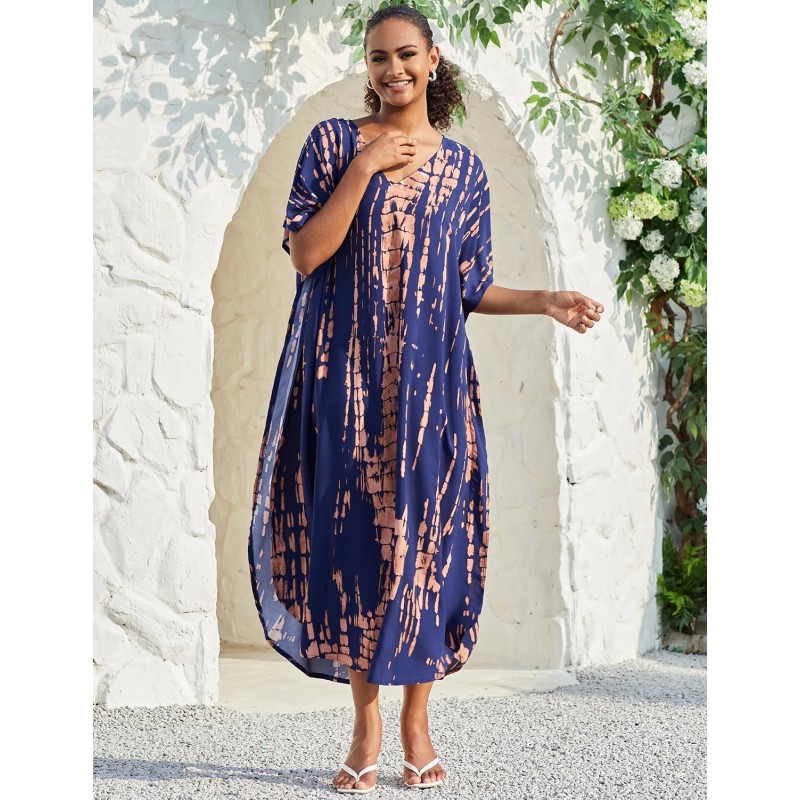 Plus Size Bohemian Floral Kaftan Maxi Cover Up in Navy Khaki