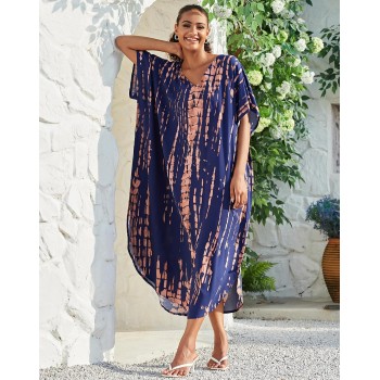 Plus Size Bohemian Floral Kaftan Maxi Cover Up – Swimwear Resort Dress Navy Khaki