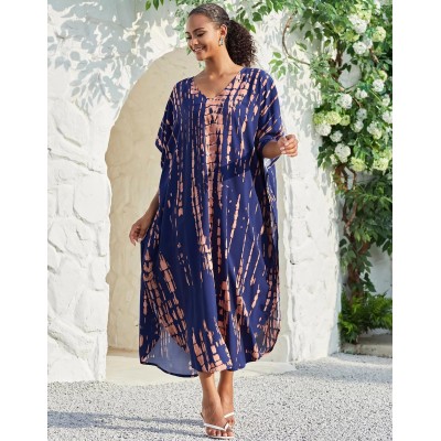 Plus Size Bohemian Floral Kaftan Maxi Cover Up in Navy Khaki