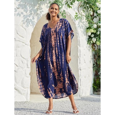 Plus Size Bohemian Floral Kaftan Maxi Cover Up in Navy Khaki