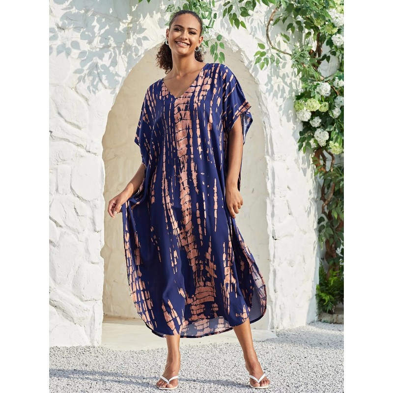 Plus Size Bohemian Floral Kaftan Maxi Cover Up in Navy Khaki