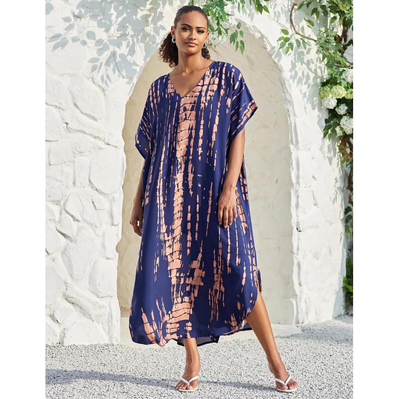 Plus Size Bohemian Floral Kaftan Maxi Cover Up in Navy Khaki