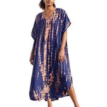Plus Size Bohemian Floral Kaftan Maxi Cover Up – Swimwear Resort Dress Navy Khaki