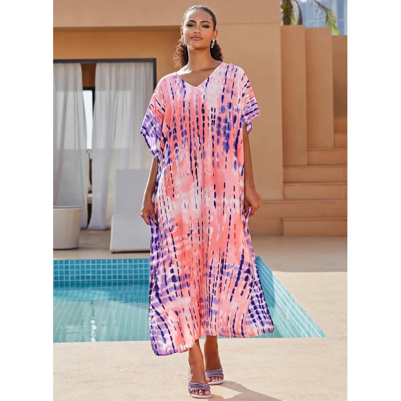 Plus Size Bohemian Pink Floral Stripe Batwing Kaftan Cover Up Dress Plus size bohemian pink floral stripe batwing kaftan maxi cover up dress