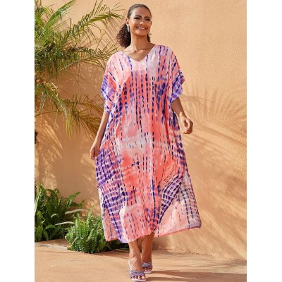 Plus Size Bohemian Pink Floral Stripe Batwing Kaftan Cover Up Dress Plus size bohemian pink floral stripe batwing kaftan maxi cover up dress