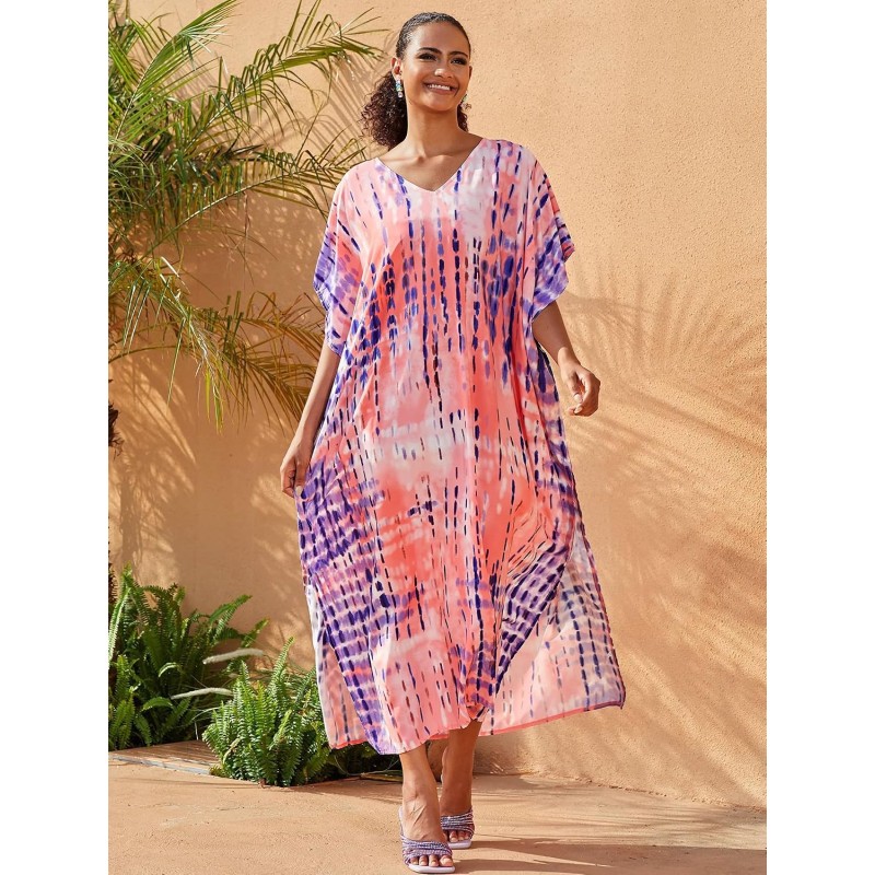 Plus Size Bohemian Pink Floral Stripe Batwing Kaftan Cover Up Dress Plus size bohemian pink floral stripe batwing kaftan maxi cover up dress