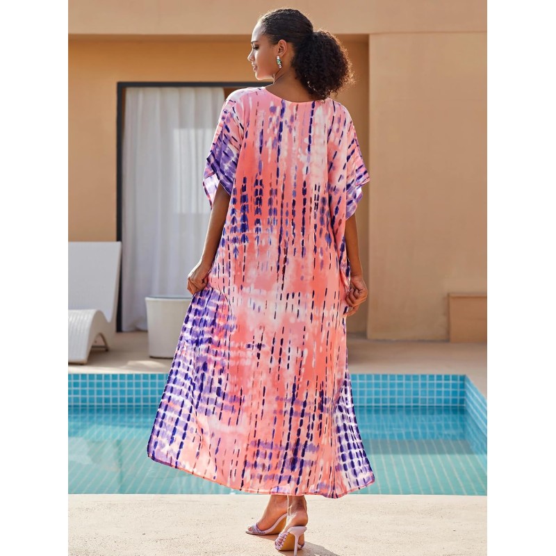 Plus Size Bohemian Pink Floral Stripe Batwing Kaftan Cover Up Dress Plus size bohemian pink floral stripe batwing kaftan maxi cover up dress