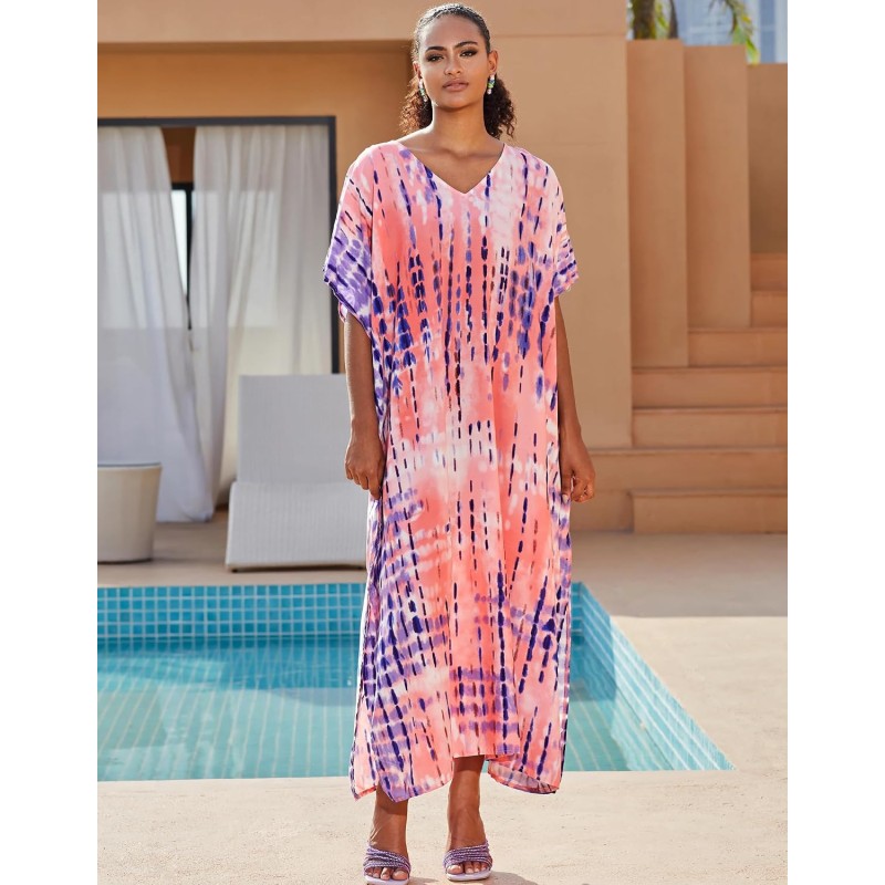 Plus Size Bohemian Pink Floral Stripe Batwing Kaftan Cover Up Dress Plus size bohemian pink floral stripe batwing kaftan maxi cover up dress