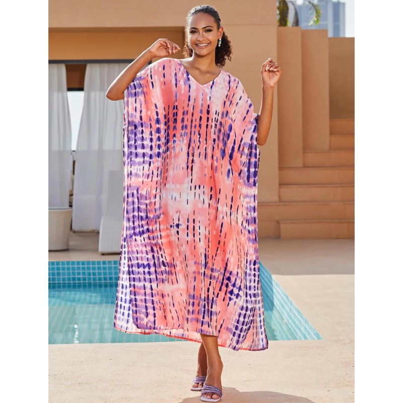 Plus Size Bohemian Pink Floral Stripe Batwing Kaftan Cover Up Dress Plus size bohemian pink floral stripe batwing kaftan maxi cover up dress